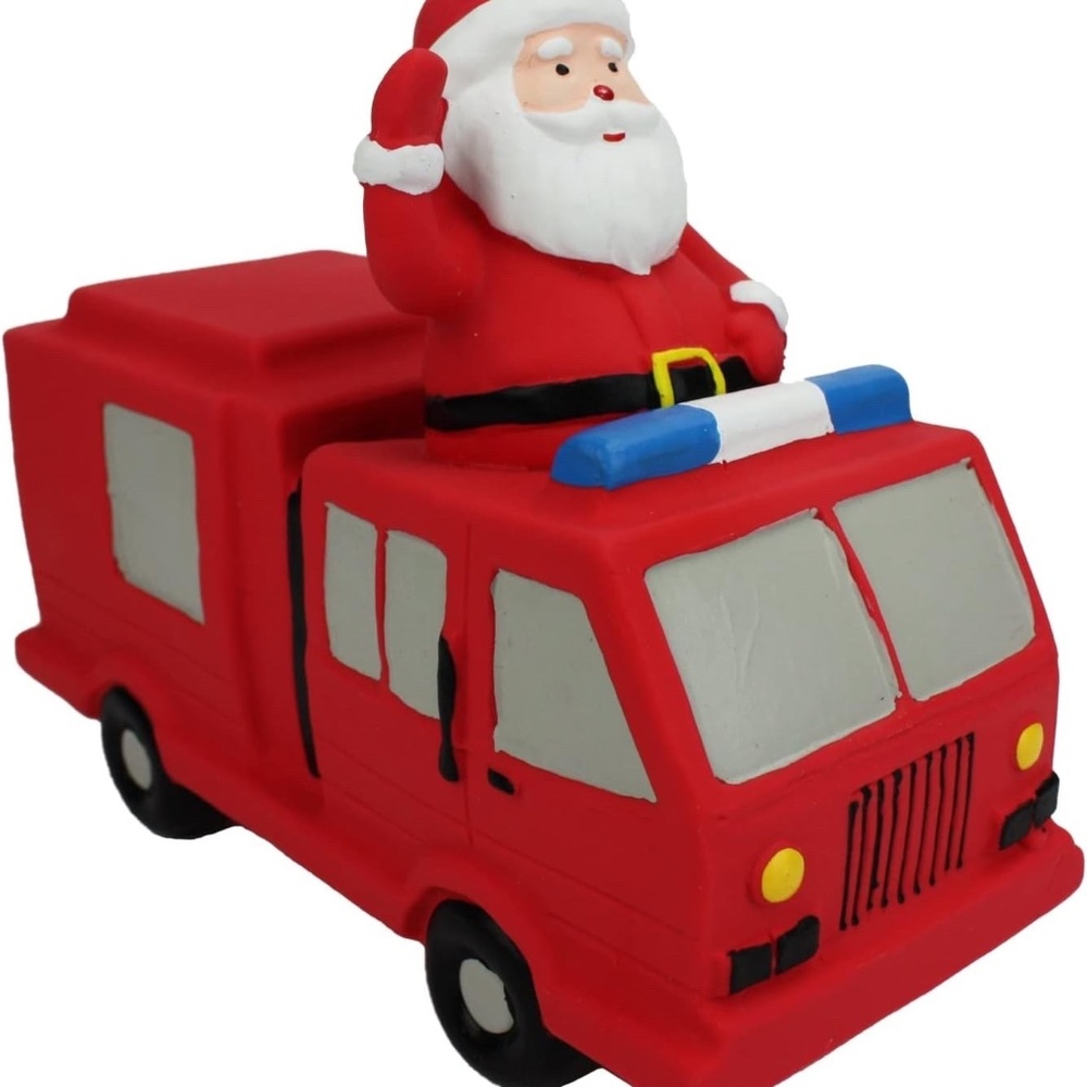 Multipet Holiday Red Stuffed Latex Santa Claus Fire Truck 6.5" Dog Toy Christmas